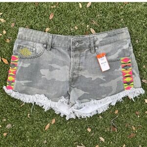 Roxy Camo Cut Off Denim Shorts Women's Size 27 Gray Embroidered Boho Y2k